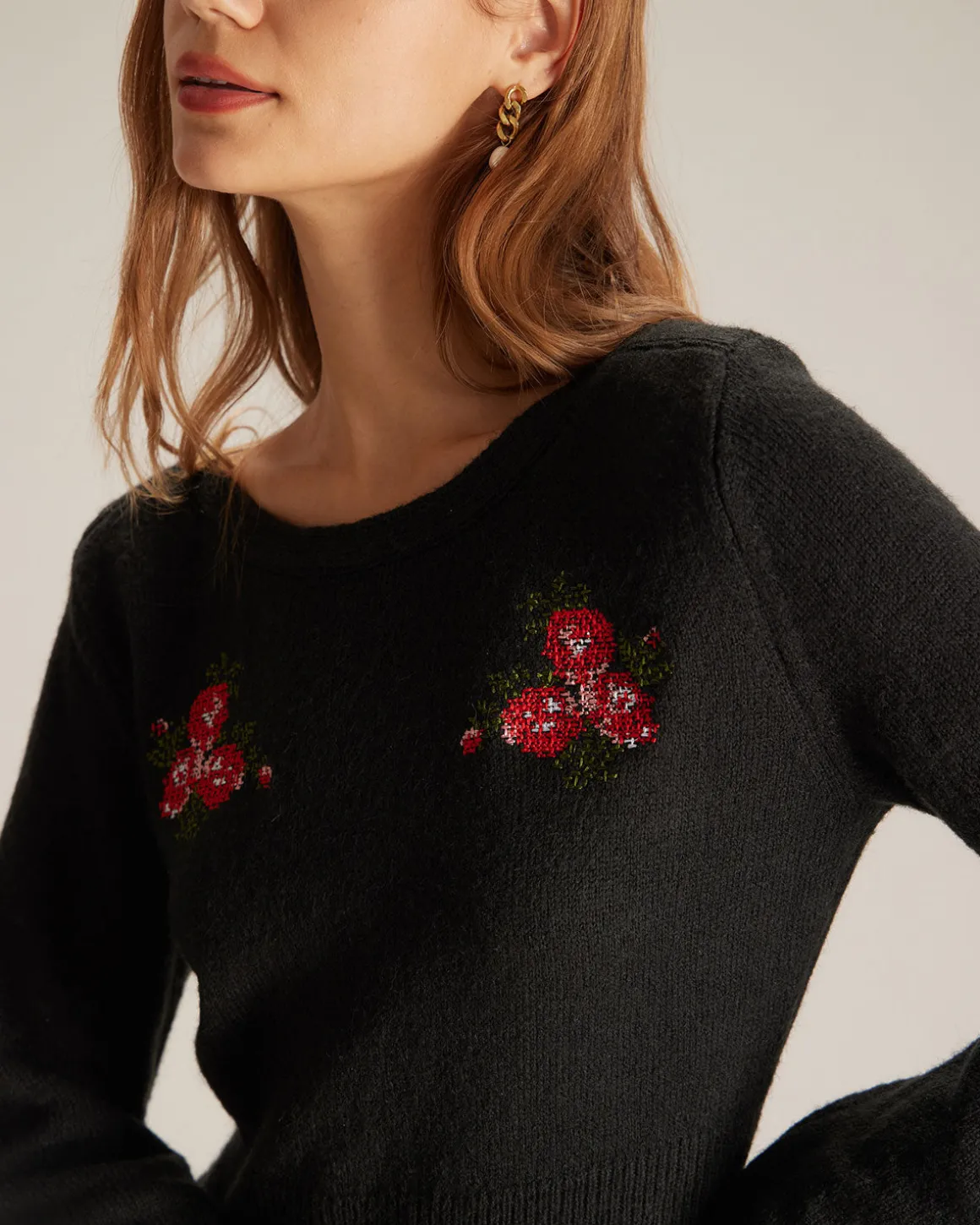 The Black Round Neck Embroidery Mini Dress