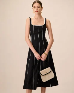 The Black Square Neck Contrast Midi Dress
