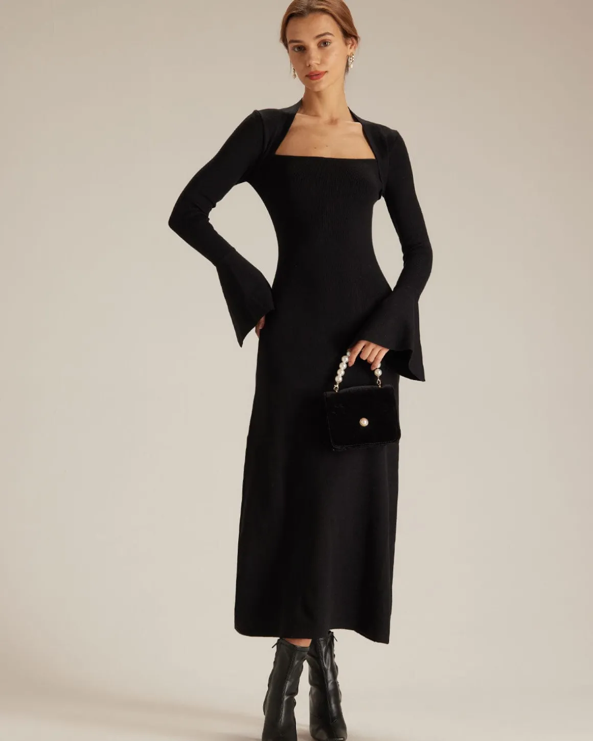 The Black Square Neck Flare Sleeve Midi Dress
