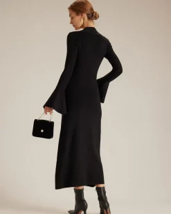 The Black Square Neck Flare Sleeve Midi Dress