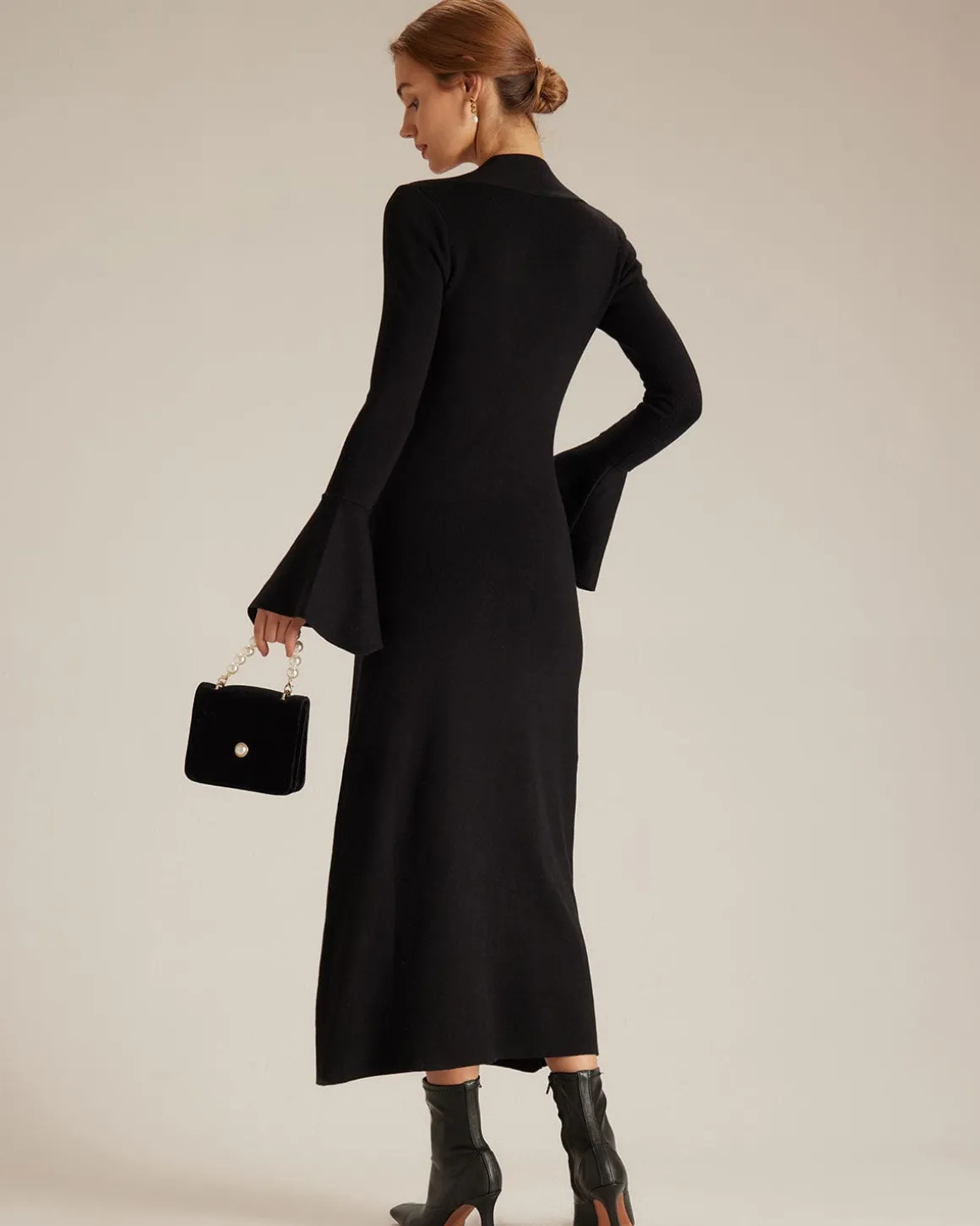 The Black Square Neck Flare Sleeve Midi Dress
