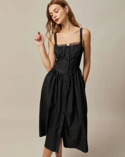 The Black Square Neck Lace Cami Midi Dress
