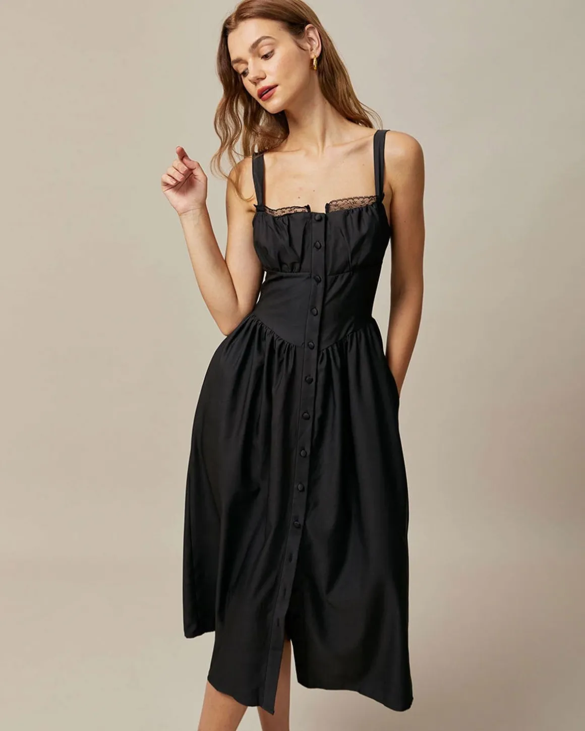 The Black Square Neck Lace Cami Midi Dress