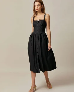 The Black Square Neck Lace Cami Midi Dress