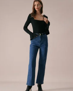 The Black Square Neck Slit Flare Sleeve Tee