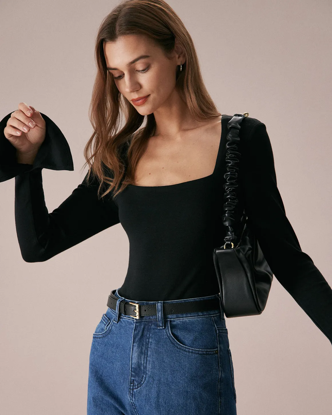 The Black Square Neck Slit Flare Sleeve Tee
