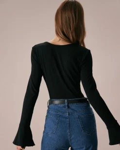 The Black Square Neck Slit Flare Sleeve Tee