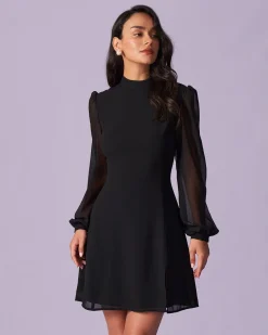 The Black Stand Collar Sheer Slit Mini Dress