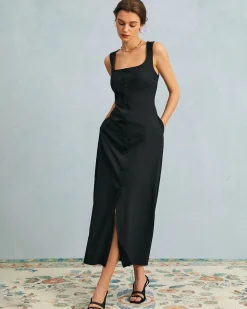 The Black U Neck Tie Back Sleeveless Maxi Dress