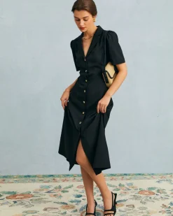 The Black V Neck Button Puff Sleeve Midi Dress