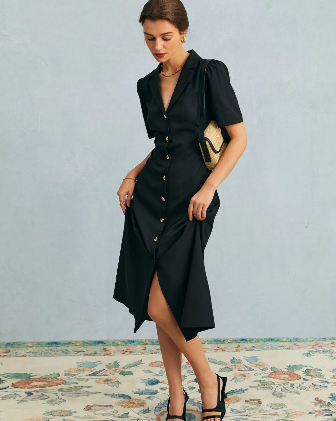 The Black V Neck Button Puff Sleeve Midi Dress
