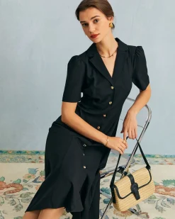 The Black V Neck Button Puff Sleeve Midi Dress