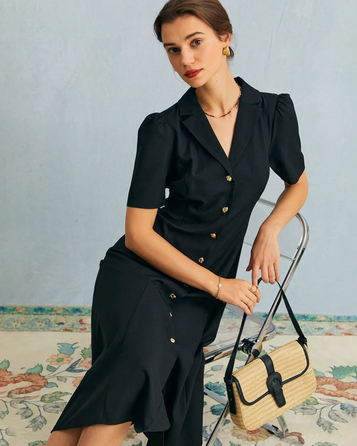 The Black V Neck Button Puff Sleeve Midi Dress