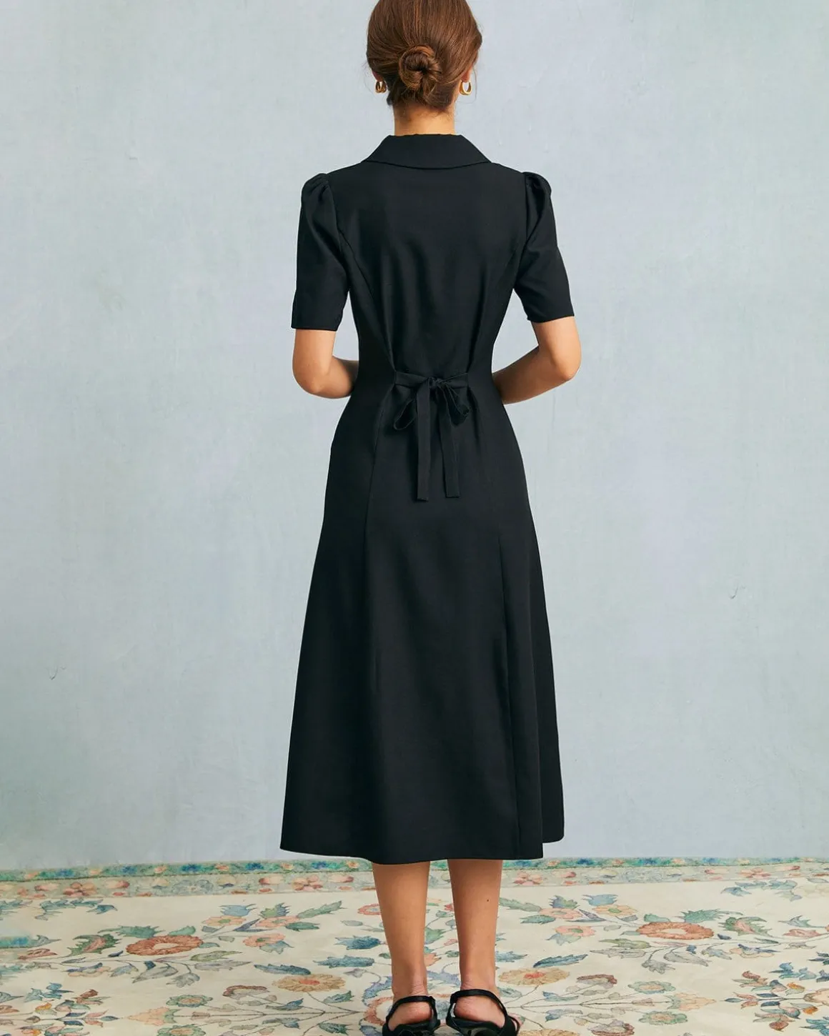 The Black V Neck Button Puff Sleeve Midi Dress