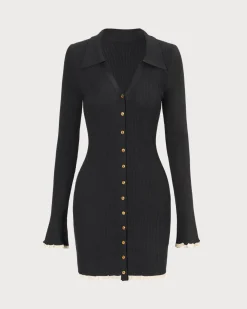 The Black V Neck Contrast Trim Knit Mini Dress