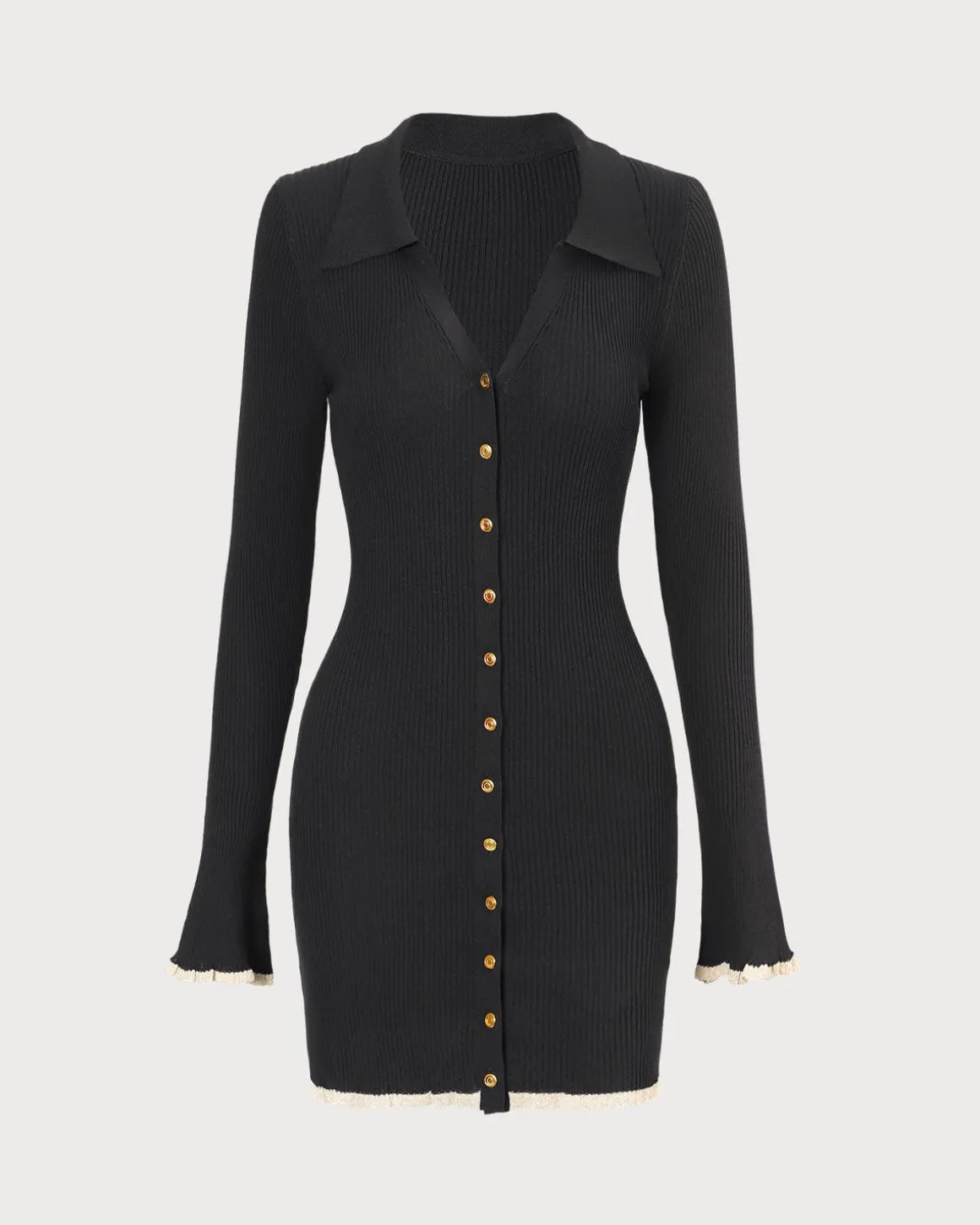 The Black V Neck Contrast Trim Knit Mini Dress