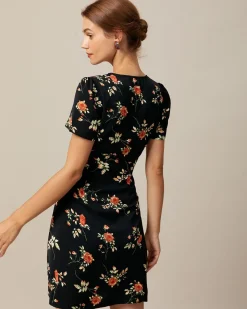 The Black V Neck Floral Button Up Mini Dress