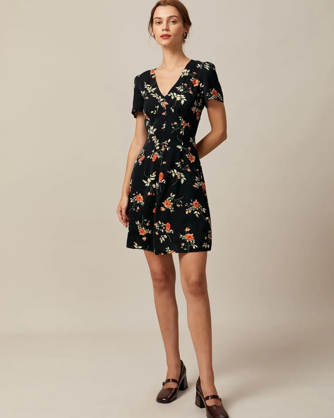 The Black V Neck Floral Button Up Mini Dress