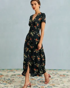 The Black V Neck Floral Short Sleeve Maxi Dress