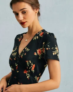 The Black V Neck Floral Short Sleeve Maxi Dress