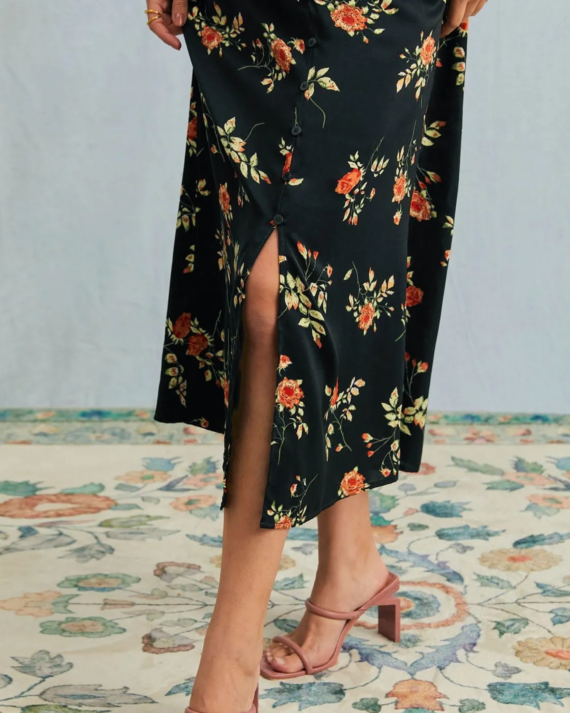 The Black V Neck Floral Short Sleeve Maxi Dress
