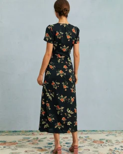 The Black V Neck Floral Short Sleeve Maxi Dress