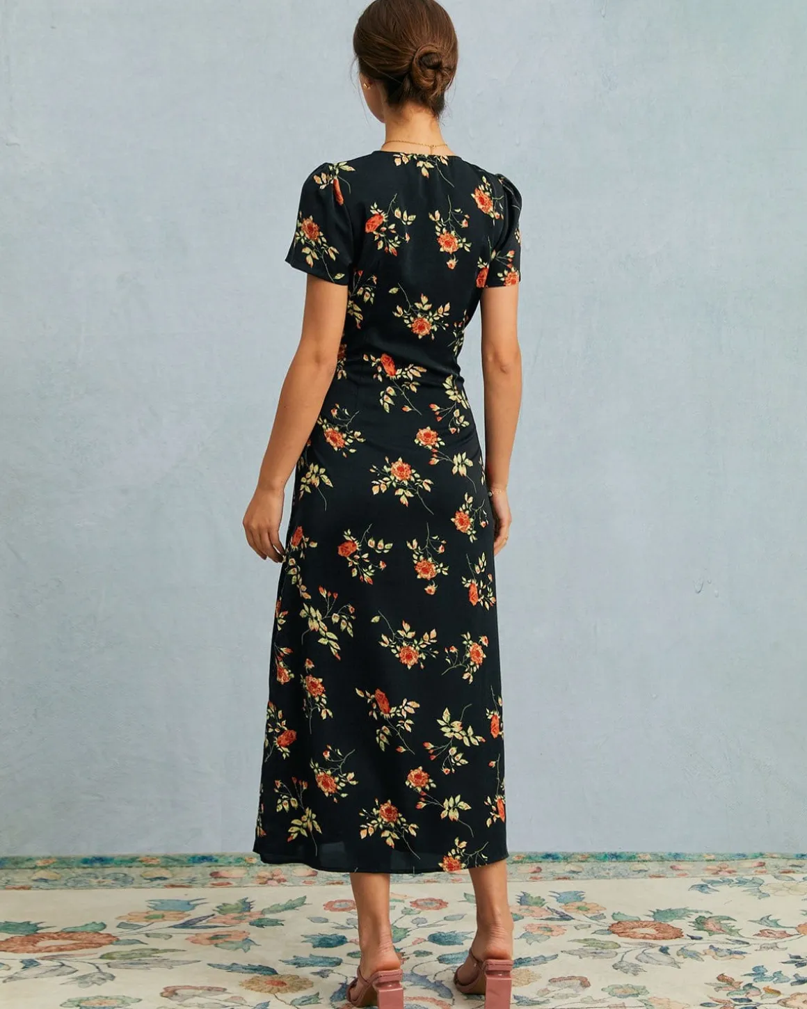 The Black V Neck Floral Short Sleeve Maxi Dress