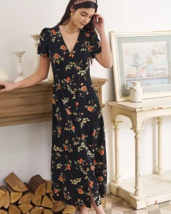The Black V Neck Floral Short Sleeve Maxi Dress