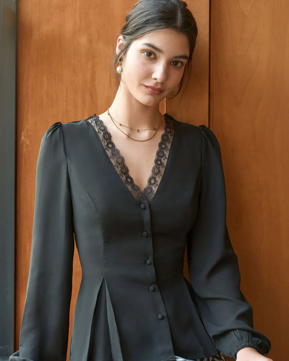 The Black V Neck Lace Trim Button Blouse