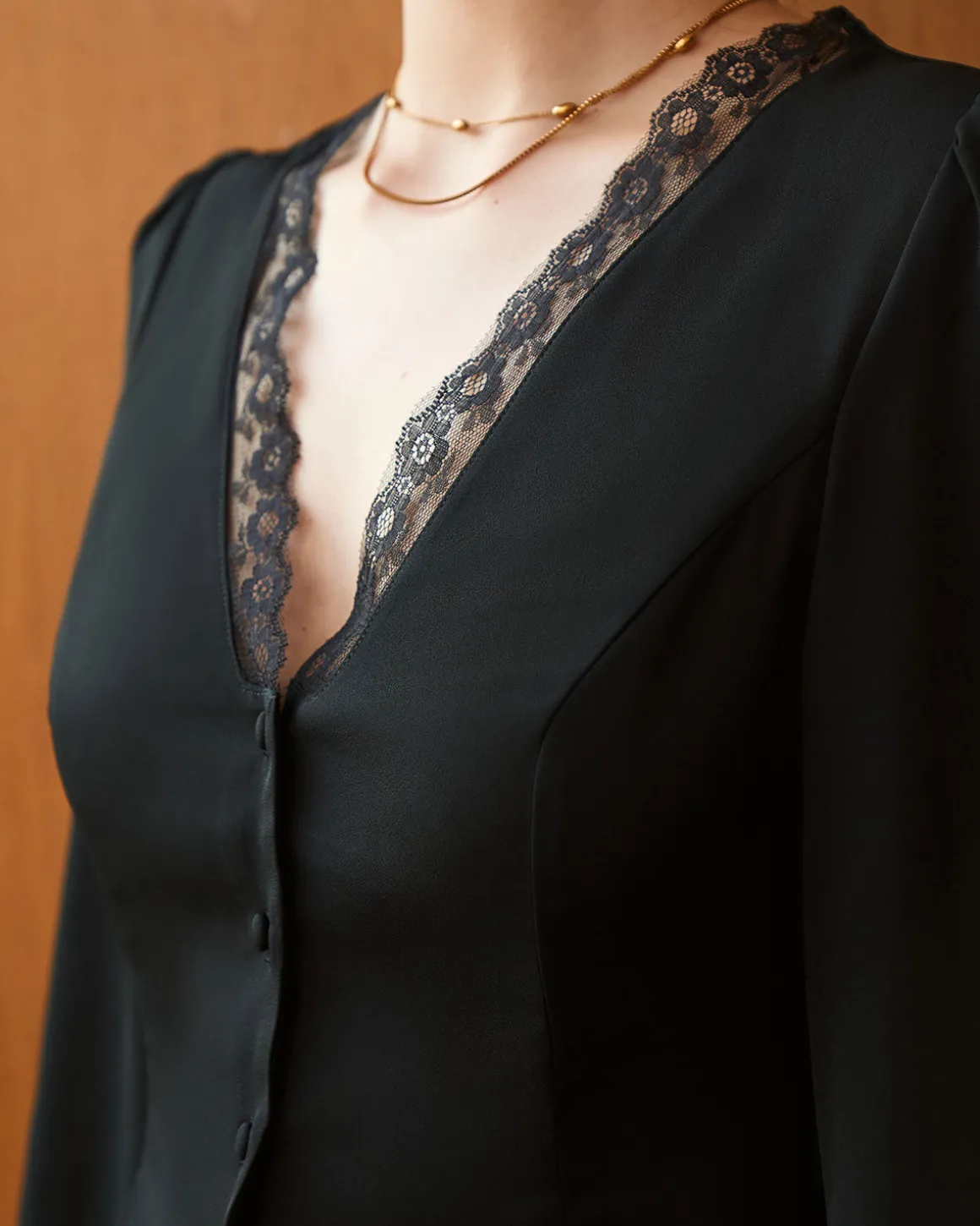 The Black V Neck Lace Trim Button Blouse