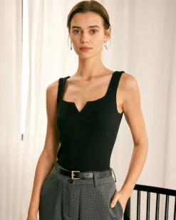 The Black V Neck Ribbed Knit Tank Top