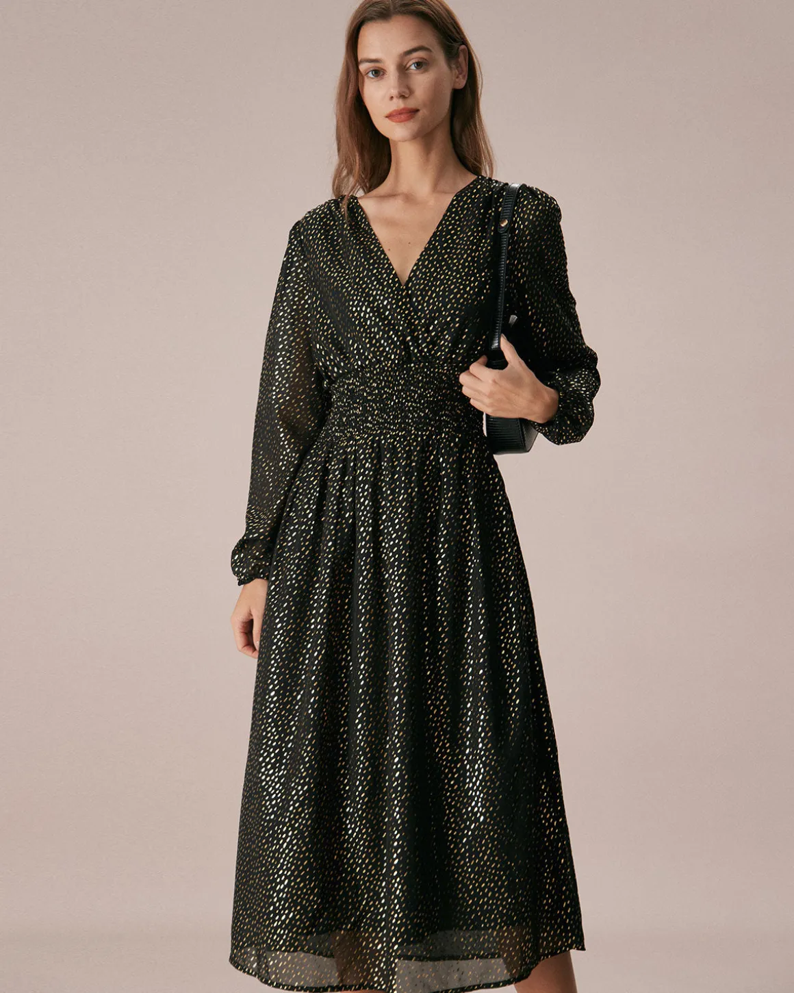 The Black V Neck Shirred Overlapping Midi Dress