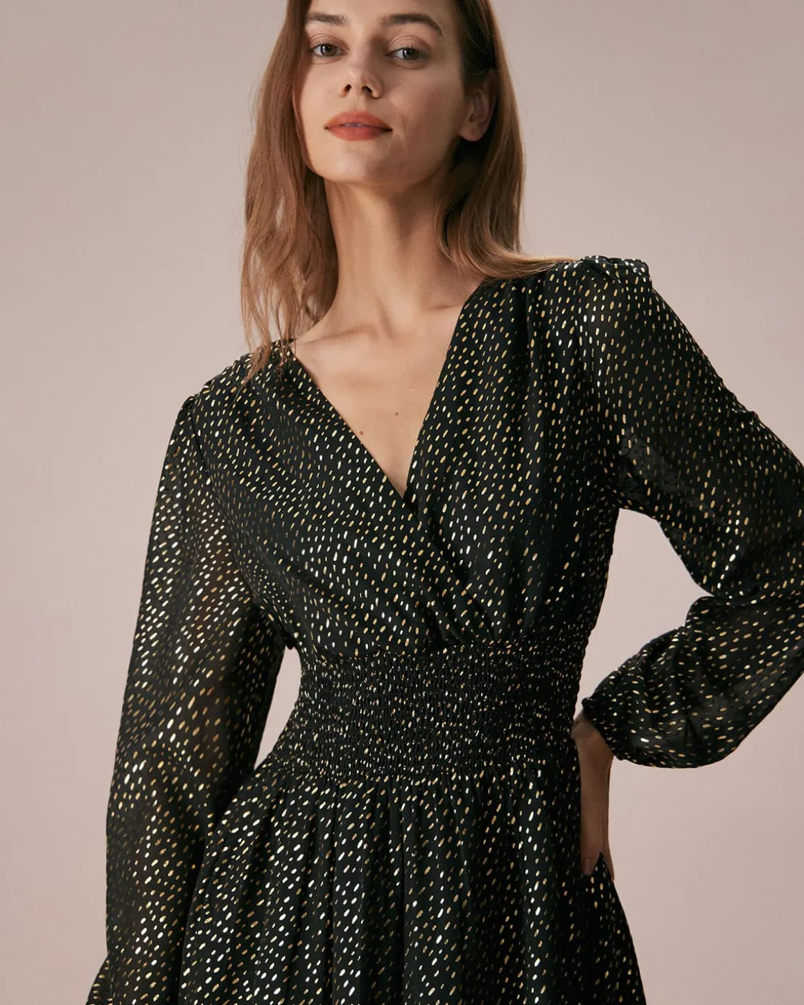 The Black V Neck Shirred Overlapping Midi Dress