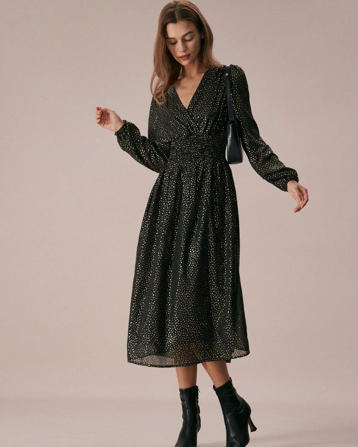 The Black V Neck Shirred Overlapping Midi Dress