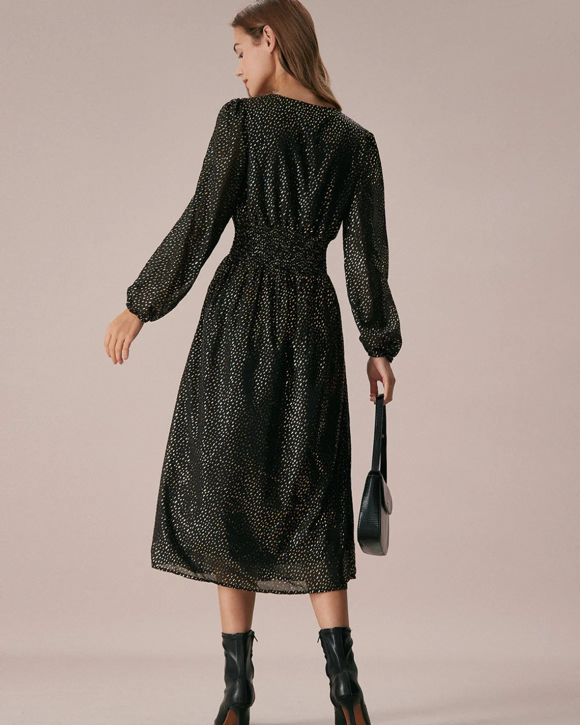 The Black V Neck Shirred Overlapping Midi Dress