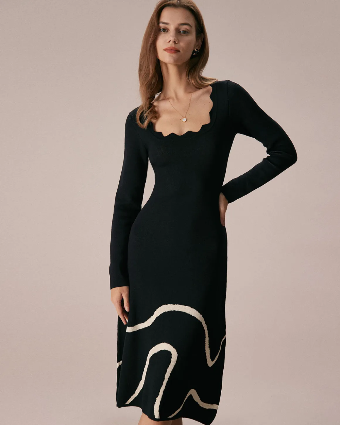 The Black Wave Scalloped Sweater Midi Dress