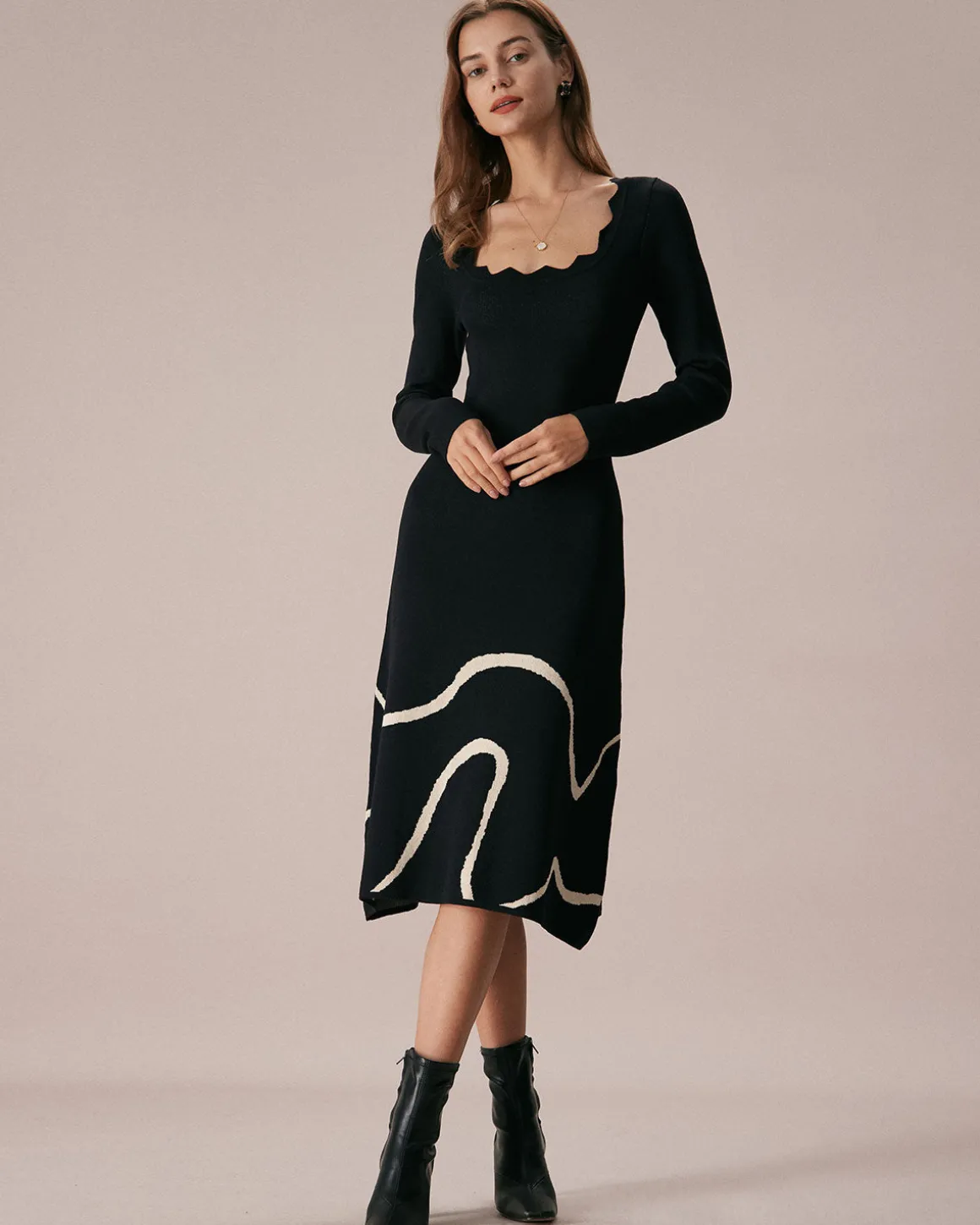 The Black Wave Scalloped Sweater Midi Dress