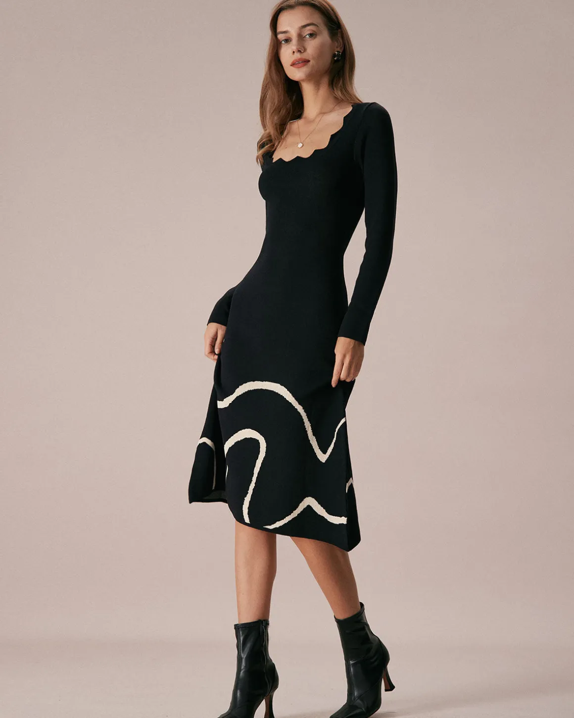 The Black Wave Scalloped Sweater Midi Dress