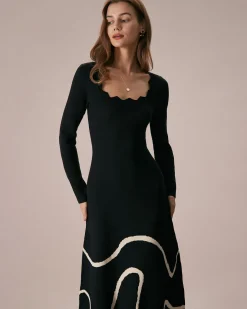 The Black Wave Scalloped Sweater Midi Dress
