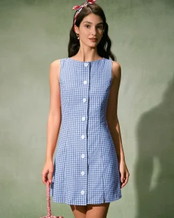 The Blue Boat Neck Cotton Plaid Mini Dress