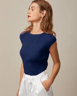 The Blue Boat Neck Ribbed Cap Sleeve Knit Tee