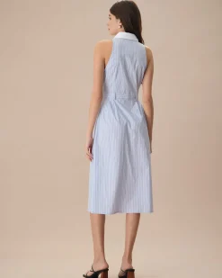 The Blue Lapel Button-Up Striped Midi Dress