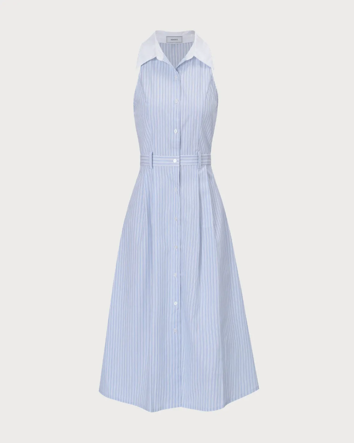 The Blue Lapel Button-Up Striped Midi Dress