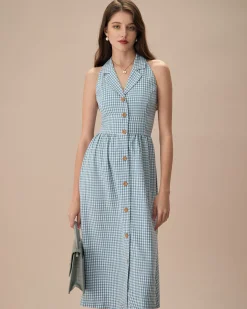 The Blue Lapel Plaid Sleeveless Shirt Midi Dress