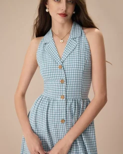 The Blue Lapel Plaid Sleeveless Shirt Midi Dress