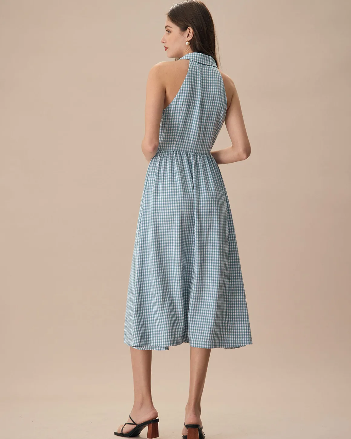 The Blue Lapel Plaid Sleeveless Shirt Midi Dress