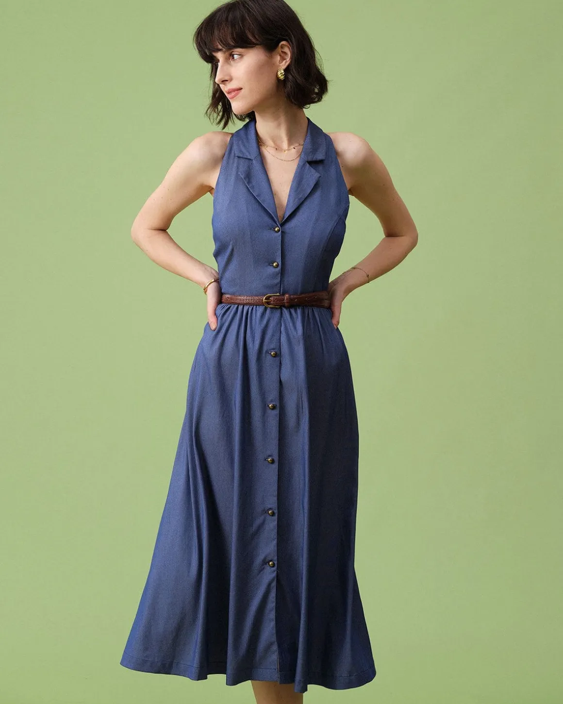 The Blue Lapel Tunic Sleeveless Midi Dress