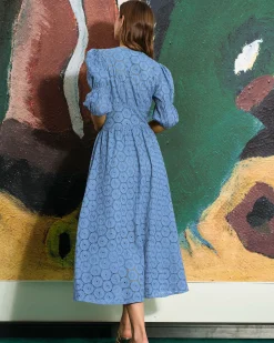 The Blue Puff Sleeve Cutout Slit Maxi Dress