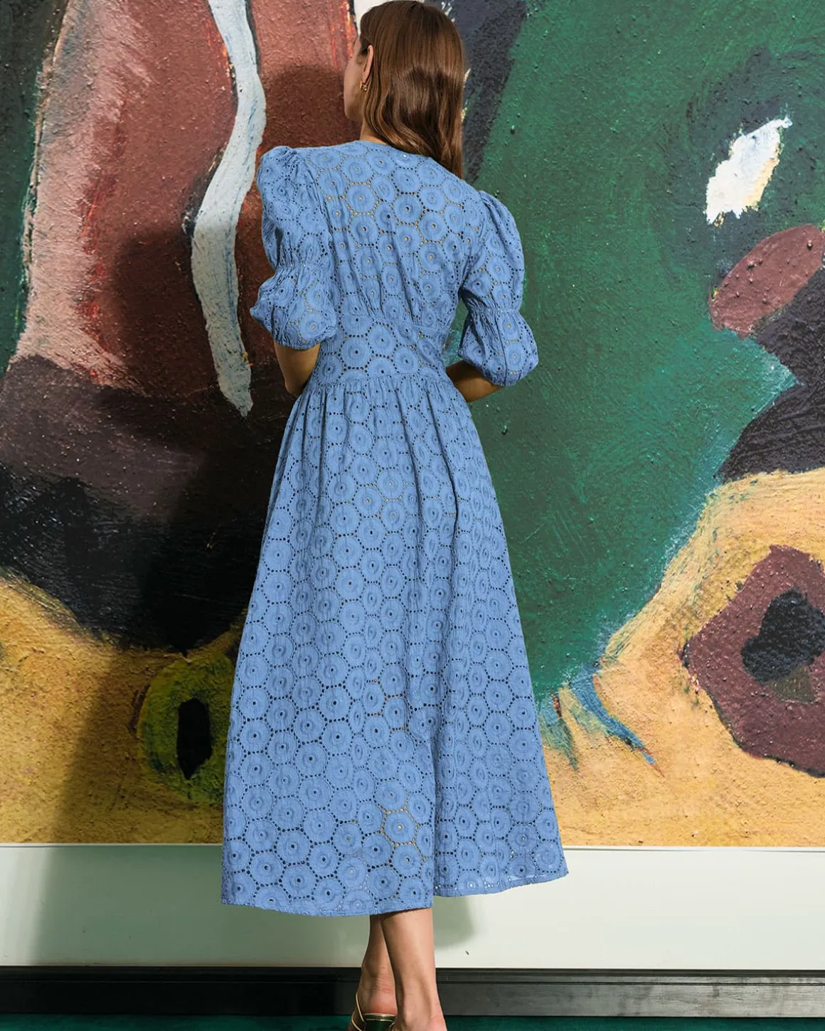 The Blue Puff Sleeve Cutout Slit Maxi Dress