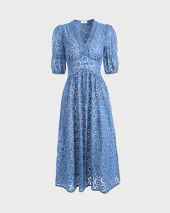 The Blue Puff Sleeve Cutout Slit Maxi Dress